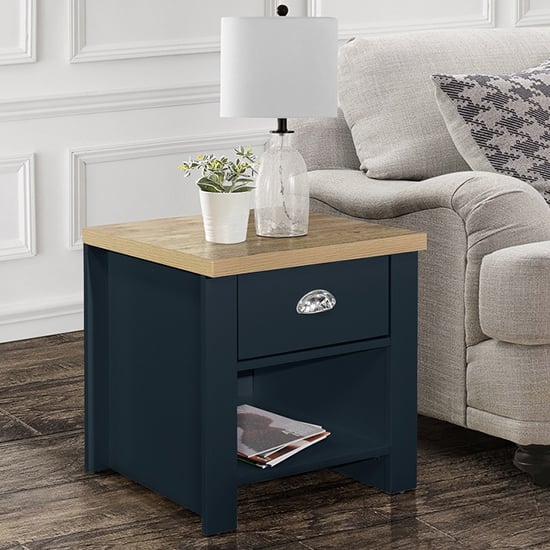 Photo of Highgate wooden lamp table with 1 drawer in navy blue and oak