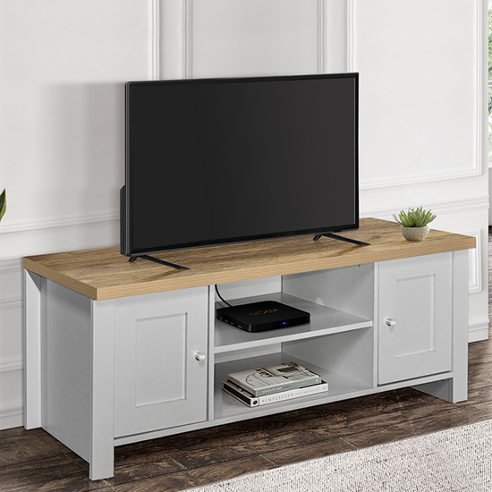 Photo of Highgate large wooden tv stand in grey and oak