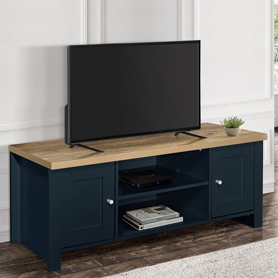 Highgate Large Wooden TV Stand In Navy Blue And Oak_1