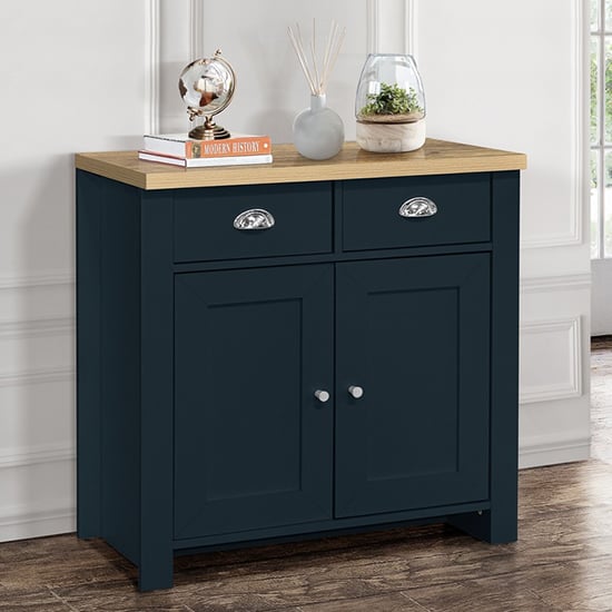 Photo of Highgate wooden sideboard with 2 door 2 drawer in blue and oak