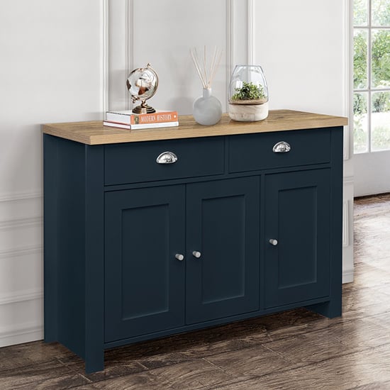 Read more about Highgate wooden sideboard with 3 door 2 drawer in blue and oak