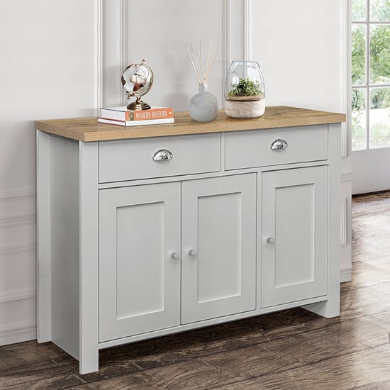 Photo of Highgate wooden sideboard with 3 door 2 drawer in grey and oak