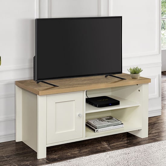 Photo of Highgate small wooden tv stand in cream and oak