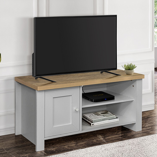 Photo of Highgate small wooden tv stand in grey and oak