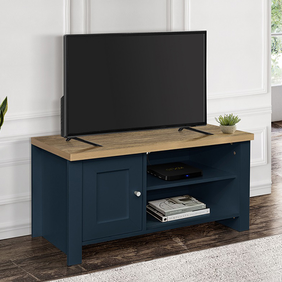 Photo of Highgate small wooden tv stand in navy blue and oak