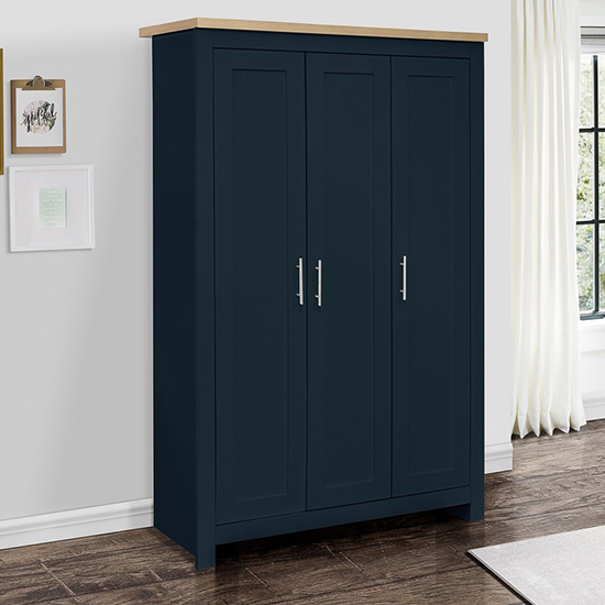 Product photograph of Highgate Wooden Wardrobe With 3 Doors In Navy Blue And Oak from Furniture in Fashion