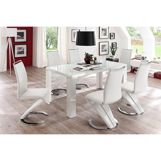 Tizio Glass Top Dining Table In High Gloss With 6 White Chairs