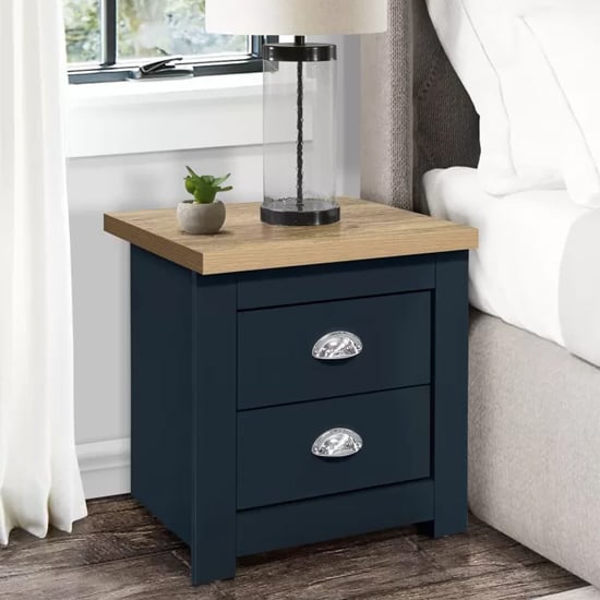 Highland Wooden Bedside Cabinet With 2 Drawers In Blue And Oak