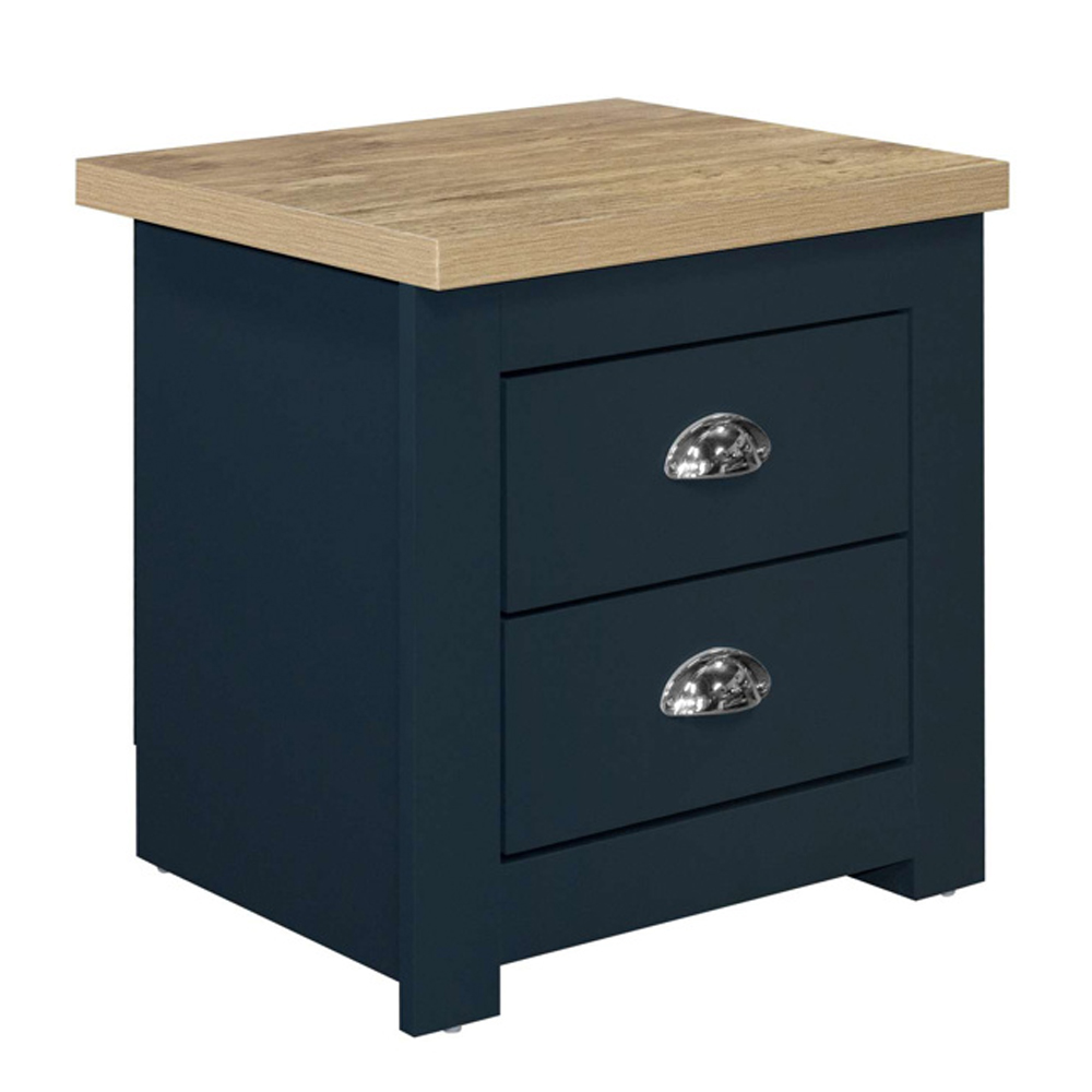 Highland Wooden Bedside Cabinet With 2 Drawers In Navy Blue And Oak