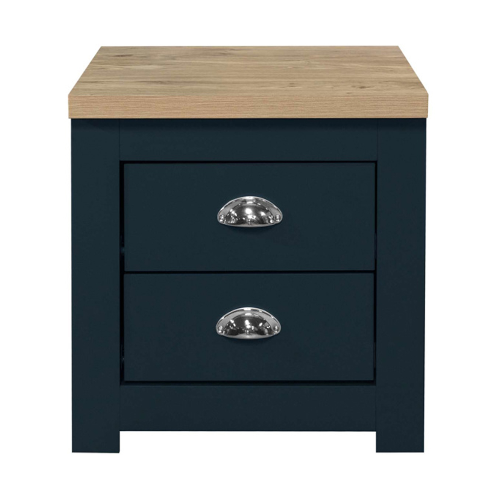 Highland Wooden Bedside Cabinet With 2 Drawers In Navy Blue And Oak