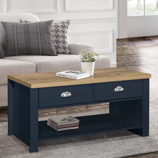 Highland Wooden Coffee Table With 2 Drawers In Blue And Oak