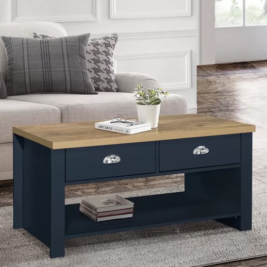 Read more about Highland wooden coffee table with 2 drawers in blue and oak