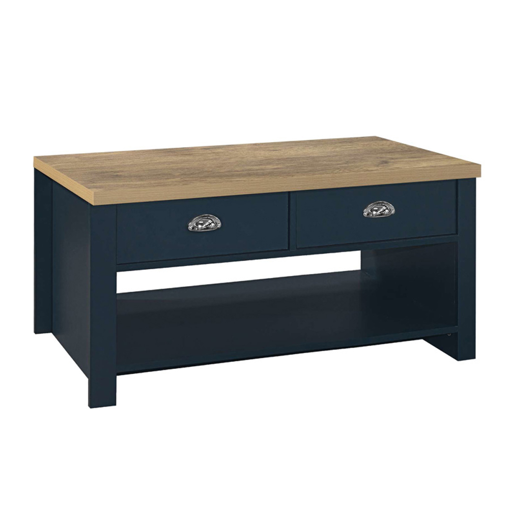 Highland Wooden Coffee Table With 2 Drawers In Blue And Oak