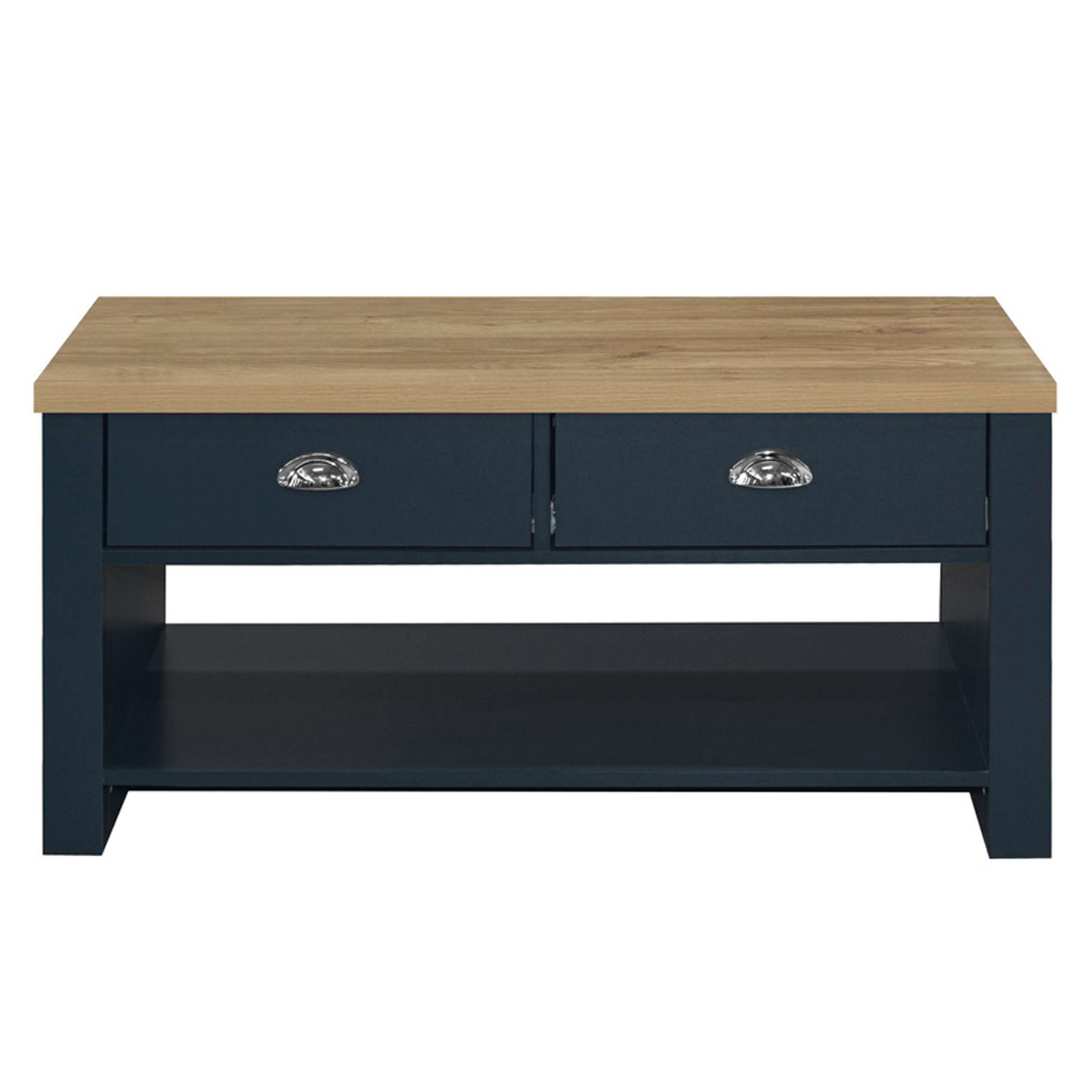 Highland Wooden Coffee Table With 2 Drawers In Blue And Oak