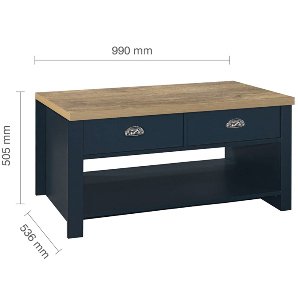 Highland Wooden Coffee Table With 2 Drawers In Blue And Oak