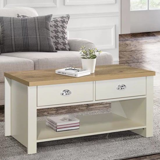 Highland Wooden Coffee Table With 2 Drawers In Cream And Oak