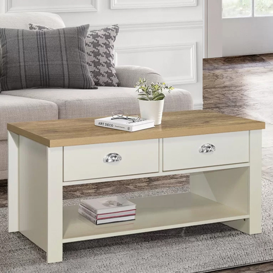 Read more about Highland wooden coffee table with 2 drawers in cream and oak