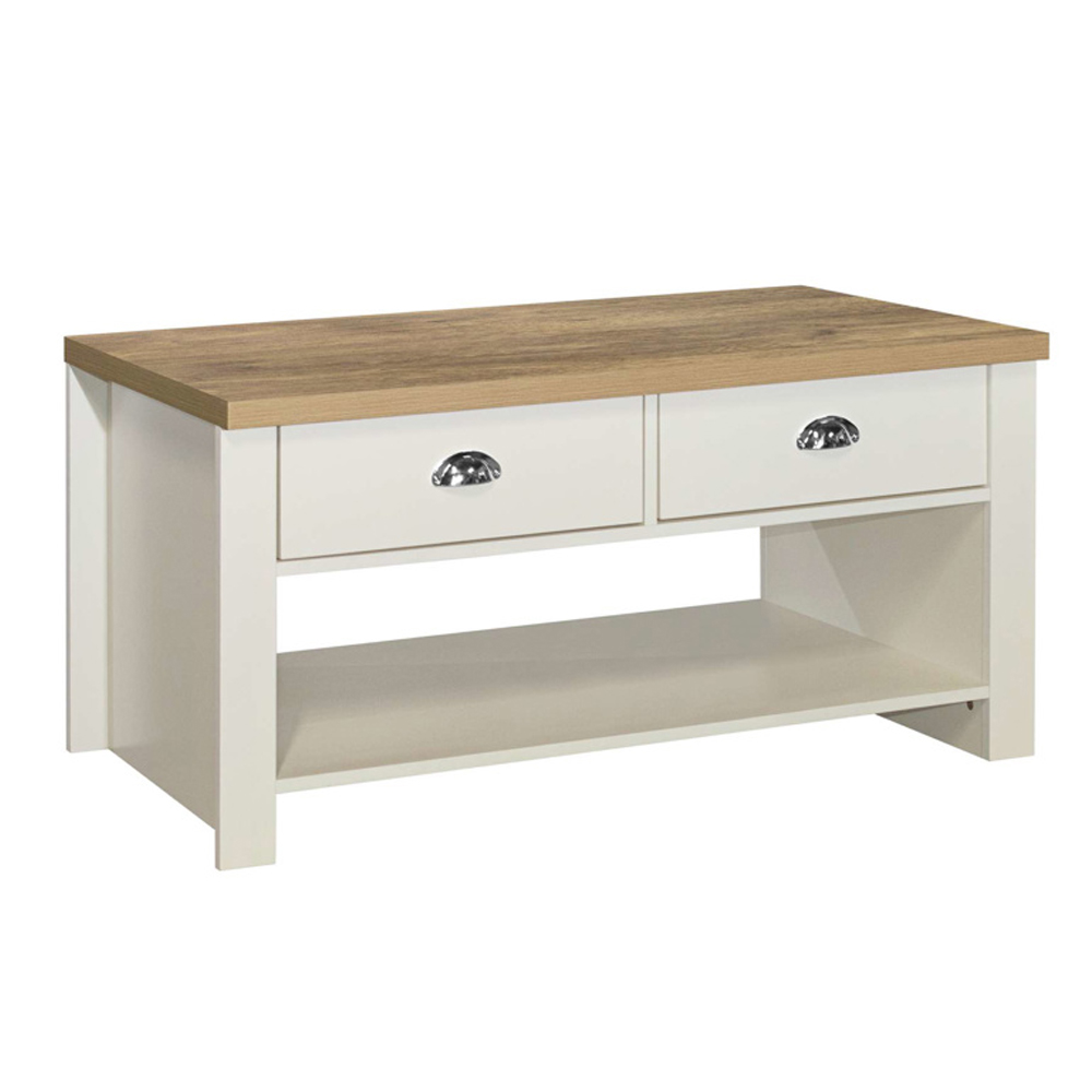 Highland Wooden Coffee Table With 2 Drawers In Cream And Oak