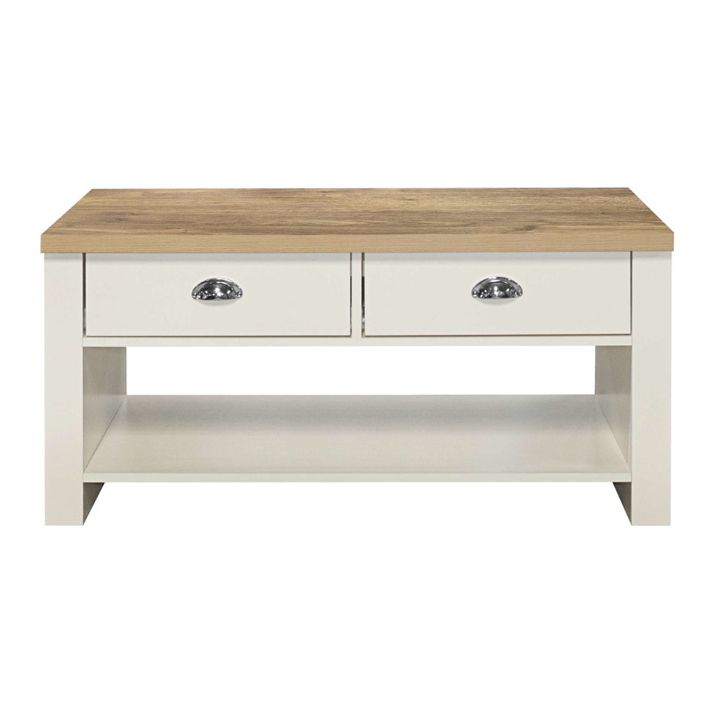 Highland Wooden Coffee Table With 2 Drawers In Cream And Oak