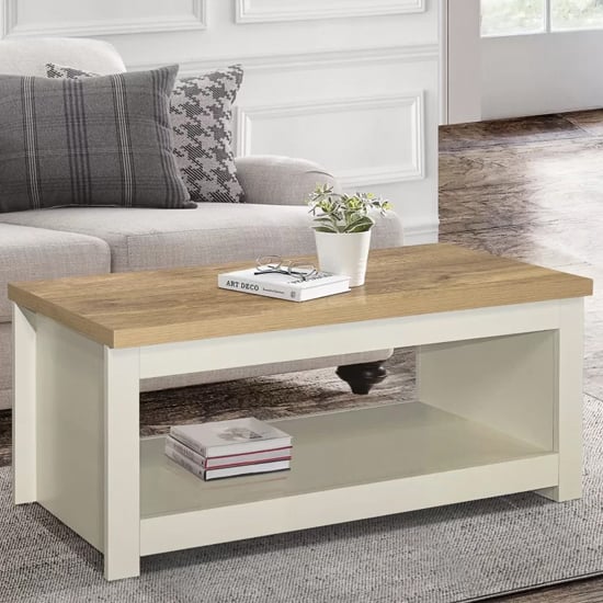 Product photograph of Highland Wooden Coffee Table With Lower Shelf In Cream And Oak from Furniture in Fashion