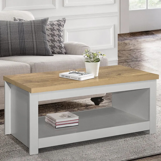 Read more about Highland wooden coffee table with lower shelf in grey and oak