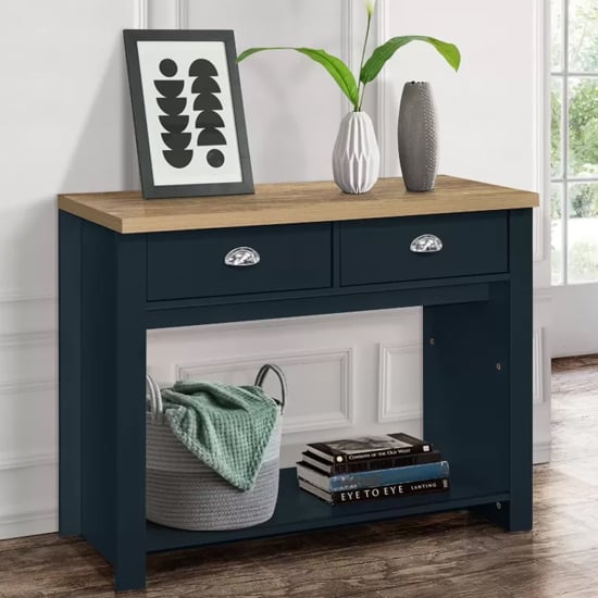 Read more about Highland wooden console table with 2 drawers in blue and oak