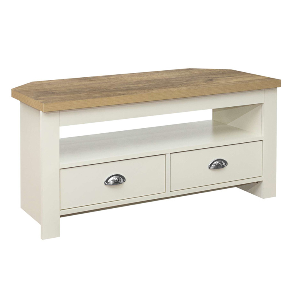 Highland Wooden Corner TV Stand With 2 Drawers In Cream And Oak