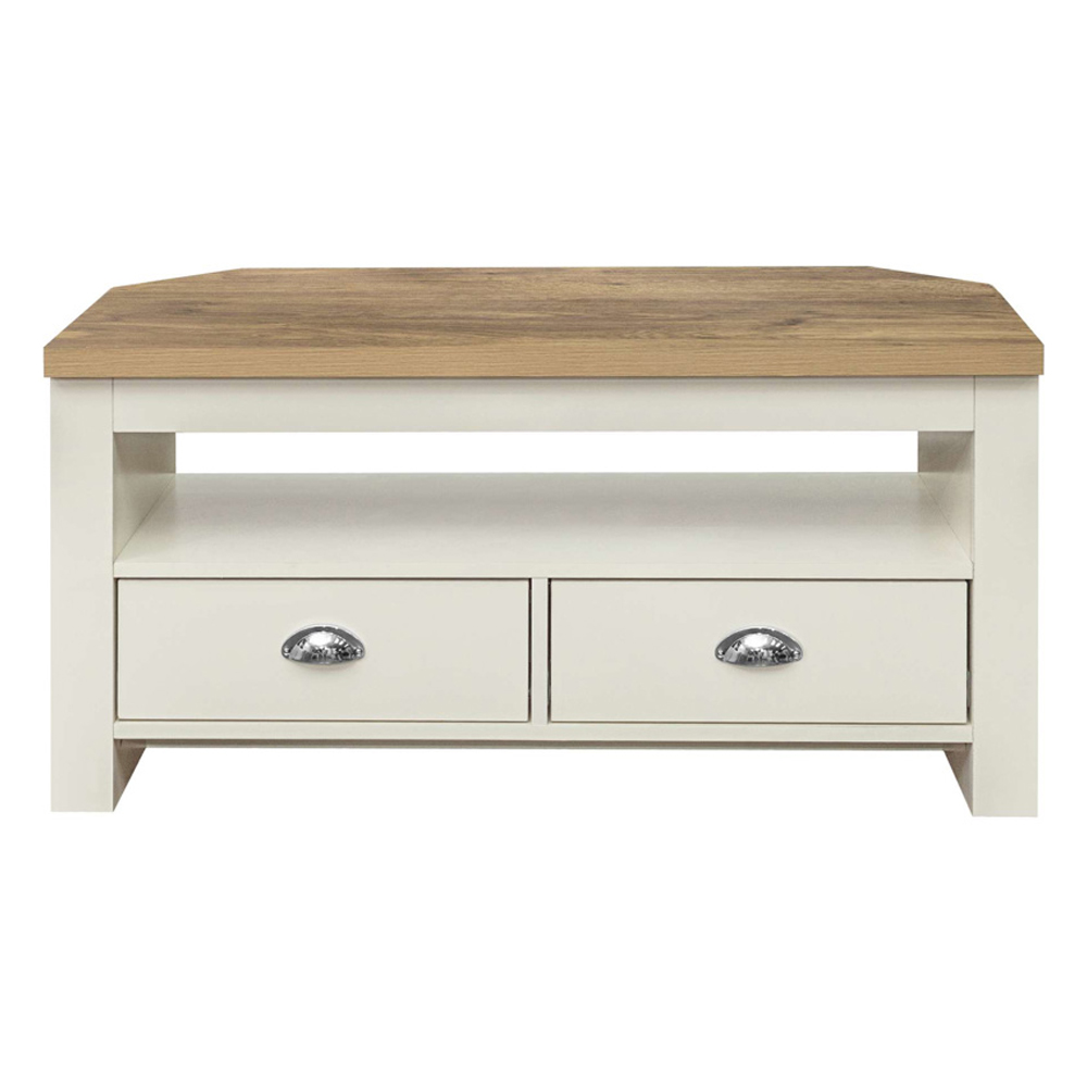 Highland Wooden Corner TV Stand With 2 Drawers In Cream And Oak