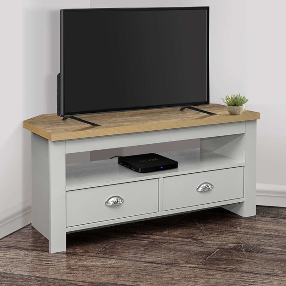 Highland Wooden Corner TV Stand With 2 Drawers In Grey And Oak