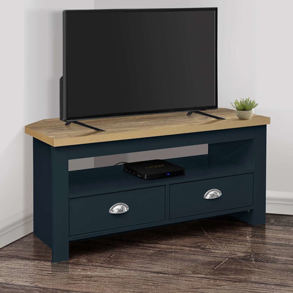 Highland Wooden Corner TV Stand With 2 Drawers In Navy Blue And Oak
