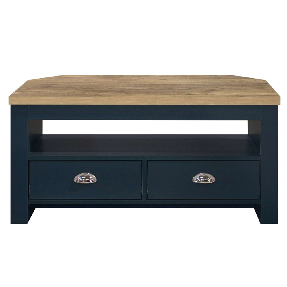 Highland Wooden Corner TV Stand With 2 Drawers In Navy Blue And Oak
