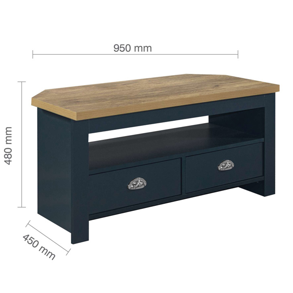 Highland Wooden Corner TV Stand With 2 Drawers In Navy Blue And Oak