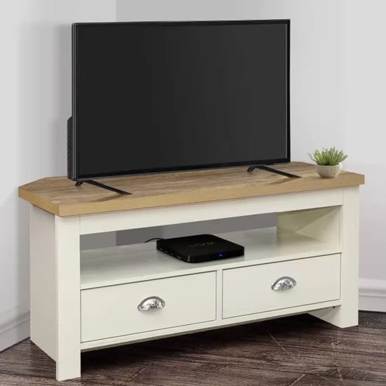 Product photograph of Highland Wooden Corner Tv Stand In Cream And Oak from Furniture in Fashion