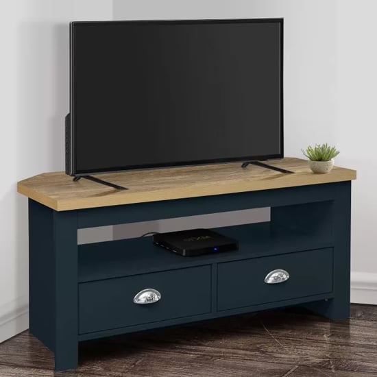 Highland Wooden Corner TV Stand In Navy Blue And Oak