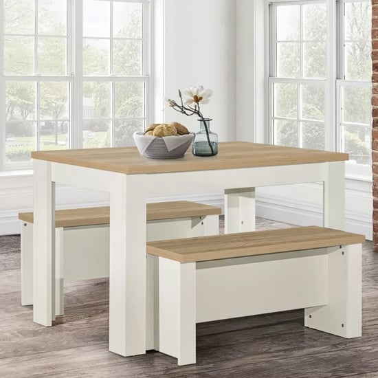 Highland Wooden Dining Table And 2 Benches In Cream And Oak