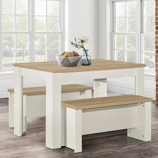 Read more about Highland wooden dining table and 2 benches in cream and oak
