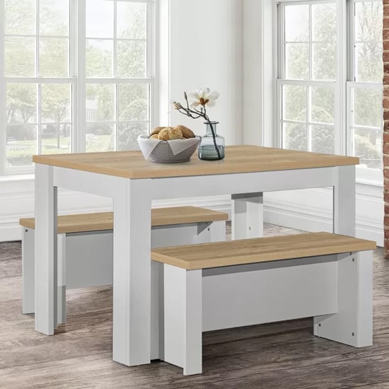 Read more about Highland wooden dining table and 2 benches in grey and oak