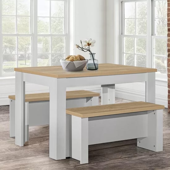 Product photograph of Highland Wooden Dining Table And 2 Benches In Grey And Oak from Furniture in Fashion