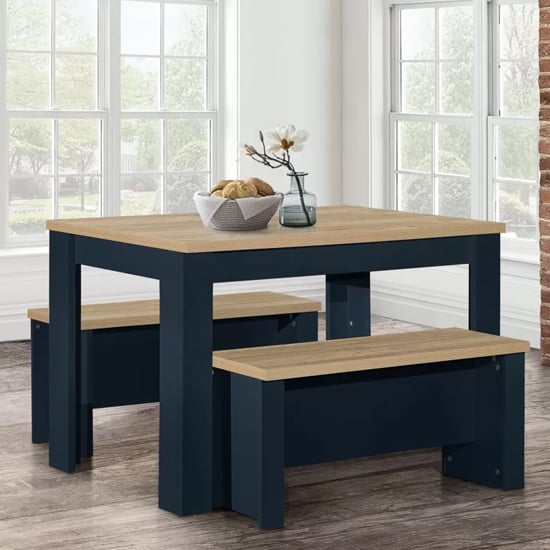 Highland Wooden Dining Table And 2 Benches In Navy Blue And Oak