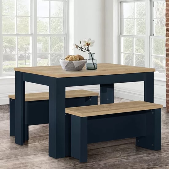 Read more about Highland wooden dining table and 2 benches in navy blue and oak