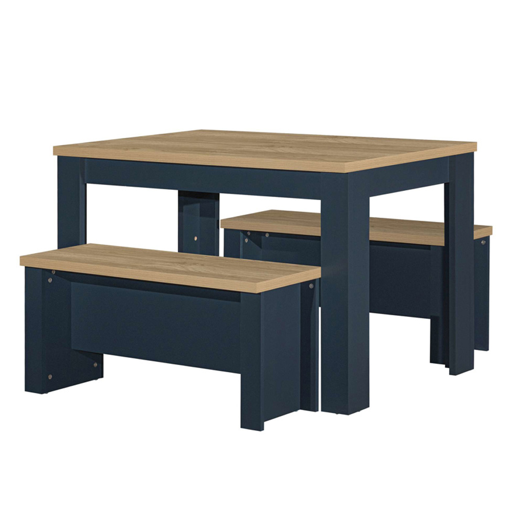 Highland Wooden Dining Table with 2 Benches in Navy Blue and Oak