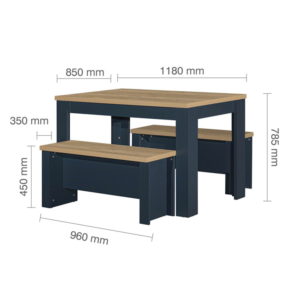 Highland Wooden Dining Table with 2 Benches in Navy Blue and Oak