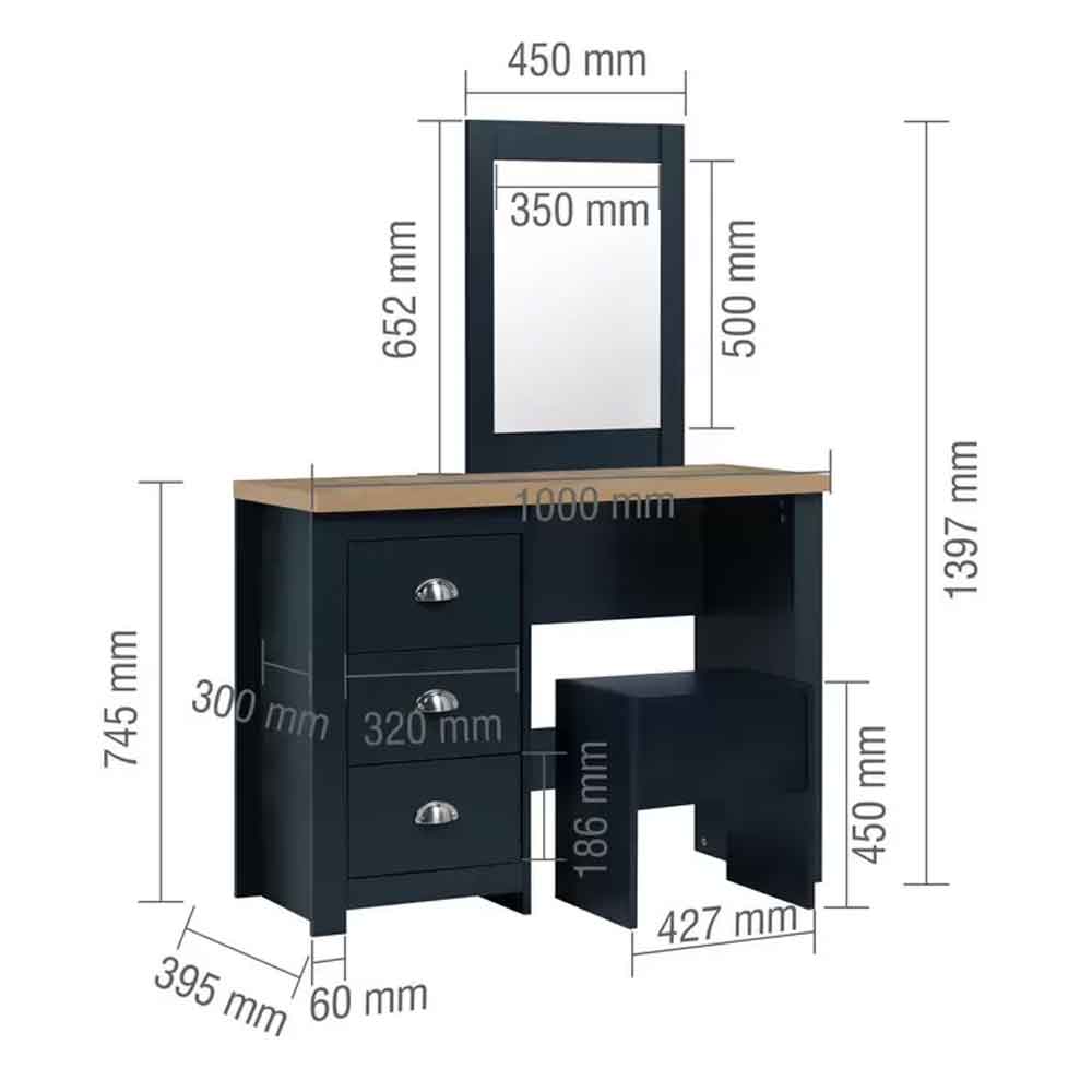 Highland Wooden Dressing Table Set in Navy Blue and Oak