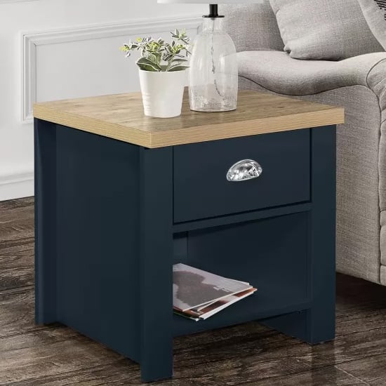 Product photograph of Highland Wooden Lamp Table With 1 Drawer In Navy Blue And Oak from Furniture in Fashion