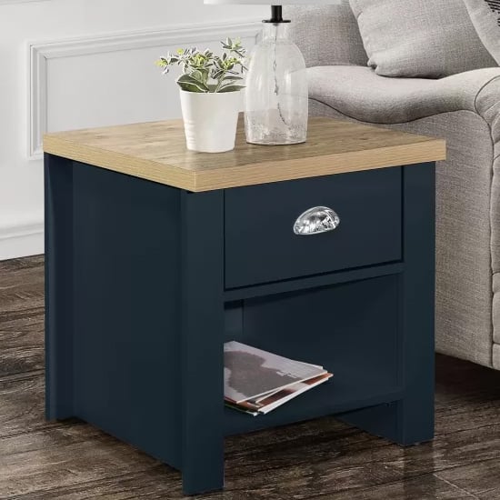 Read more about Highland wooden lamp table with 1 drawer in navy blue and oak