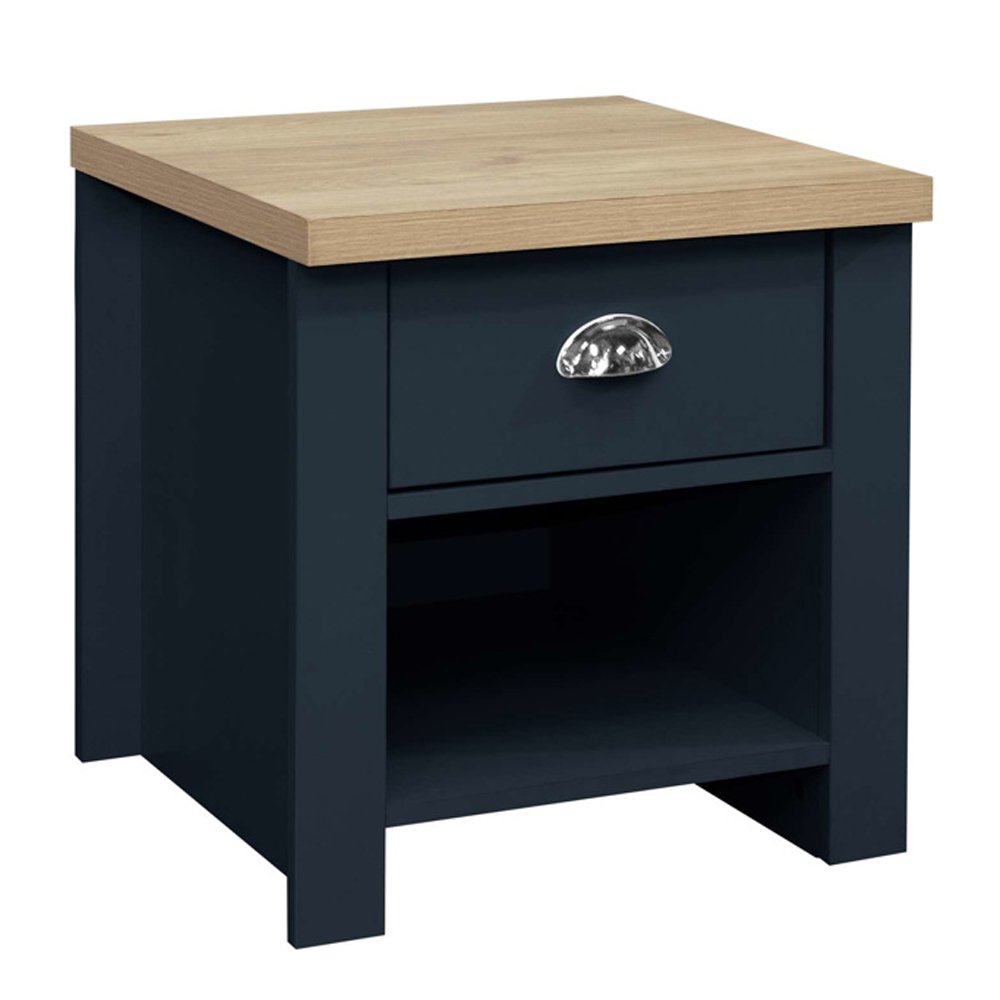 Highland Wooden Lamp Table With 1 Drawer In Navy Blue And Oak