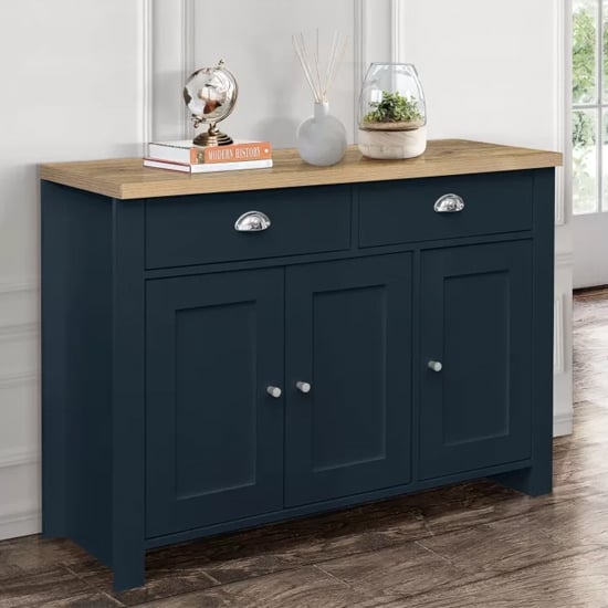Product photograph of Highland Wooden Sideboard With 3 Door 2 Drawer In Blue And Oak from Furniture in Fashion