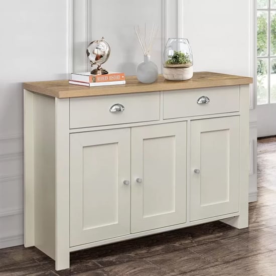 Product photograph of Highland Wooden Sideboard With 3 Door 2 Drawer In Cream And Oak from Furniture in Fashion