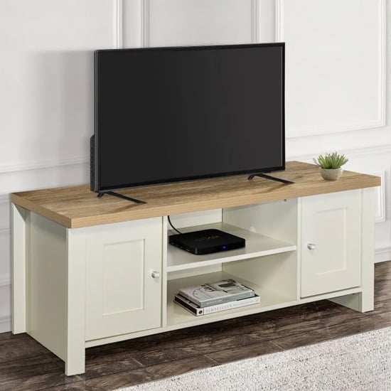 Product photograph of Highland Wooden Tv Stand With 2 Doors In Cream And Oak from Furniture in Fashion