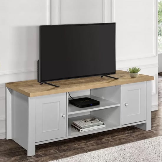 Highland Wooden TV Stand With 2 Doors In Grey And Oak
